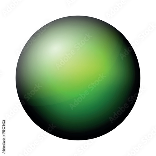 Glass green ball or precious pearl. Glossy realistic ball, 3D abstract vector illustration highlighted on a white background. Big metal bubble with shadow.