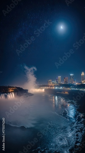 A captivating nighttime view of Niagara Falls, illuminated by city lights and a starry sky.