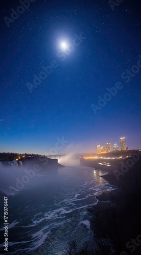 A breathtaking night-time view of Niagara Falls under a starry sky, highlighted by a luminous moon, and illuminated city.