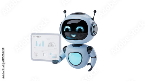 Friendly AI assistant presenting data insights with futuristic interface and helpful digital display