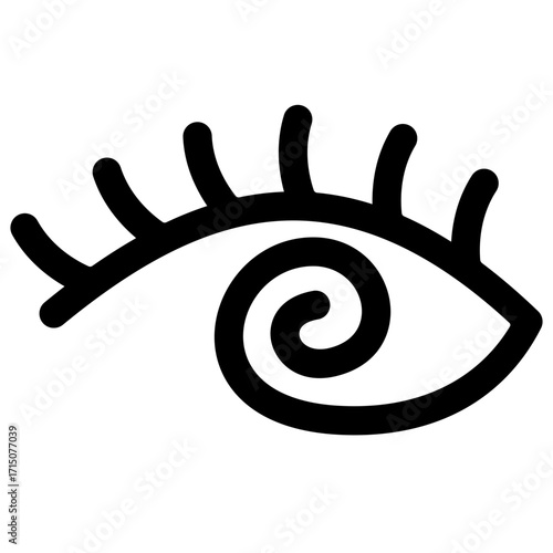 Abstract eye icon with spiral pupil and eyelashes in black line art style. Clipart image isolated on background.