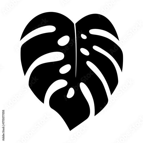 Black monstera leaf silhouette vector icon. Clipart image isolated on background.
