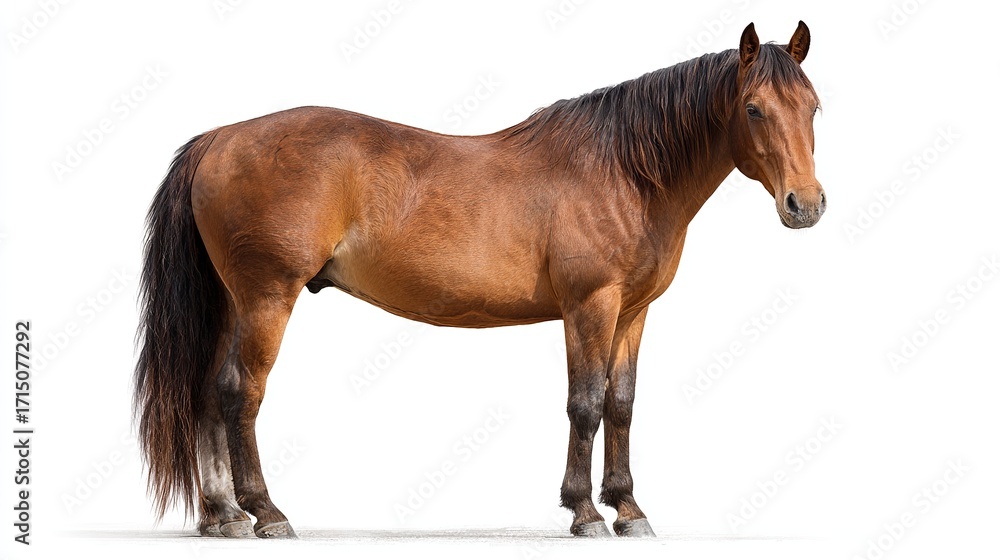 Obraz premium Majestic brown horse standing confidently against a clean white background, showcasing powerful build and sleek coat