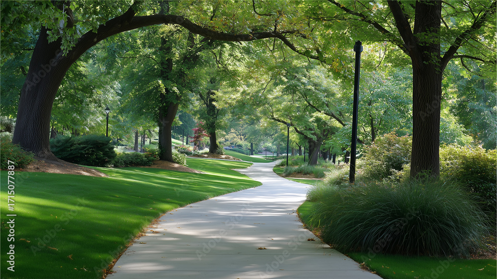 Obraz premium 初夏の緑の公園に続く曲がる遊歩道の風景と日差し