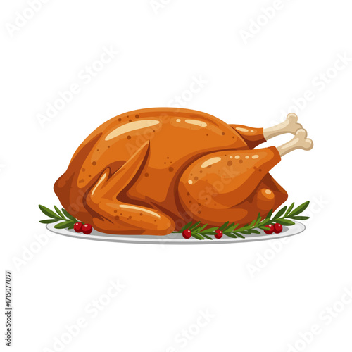 Festive Roast Turkey on Platter – Traditional Christmas Dinner Vector Illustration