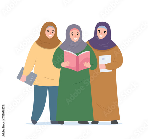 Muslim girls in hijabs, holding a book in their hands, reading and gaining knowledge. Vector flat graphics.