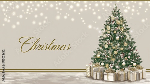 Festive Christmas tree adorned with ornaments and lights, surrounded by beautifully wrapped gifts, creating a warm holiday atmosphere with a soft, glowing background
