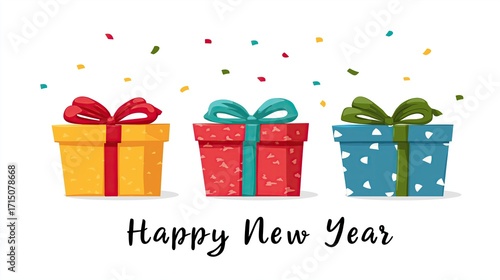 Colorful gift boxes in vibrant hues with decorative ribbons, celebrating festive occasions, surrounded by confetti, conveying joy and excitement for the New Year celebration