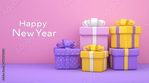 Colorful gift boxes stacked against a vibrant pink background, celebrating the festive season, conveying joy and excitement for the New Year celebration and holiday spirit