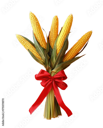 Creative corn cob bouquet with red ribbon isolated on transparent