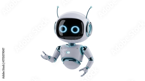 Friendly robot offers a helping hand, futuristic AI assistant with glowing eyes and welcoming gesture