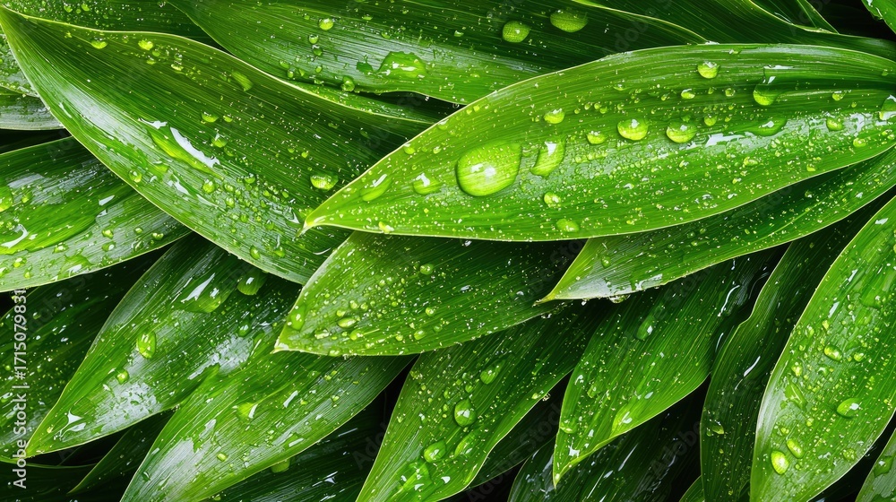 Fototapeta premium Close-up view of lush green leaves covered in water droplets.