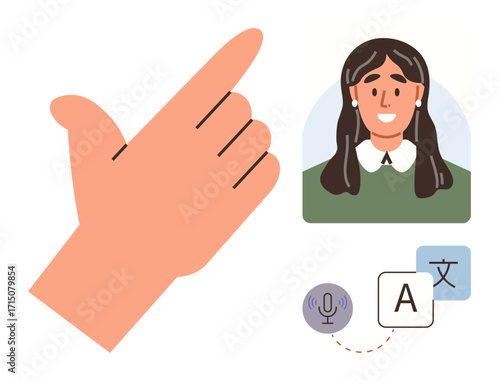 Hand gesture pointing to smiling girl portrait, microphone for voice input, language translation options. Ideal for communication, interaction, translation, language learning, accessibility