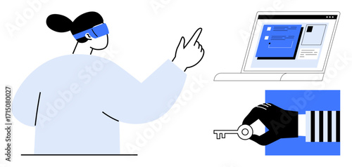 Person using virtual reality to interact with digital content, a laptop screen displaying data, and a hand holding a key representing online access. Ideal for technology, security, user interaction