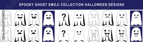 Collection of ghost emojis expressing different emotions. Ideal for Halloween designs, adding a spooky touch to social media, and greeting cards.