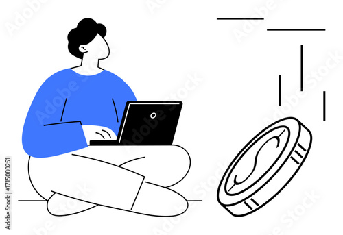 Person sitting on floor with a laptop, looking at a coin symbolizing digital assets. Ideal for technology, cryptocurrency, remote work, finance, blockchain, innovation economy concepts. Modern flat