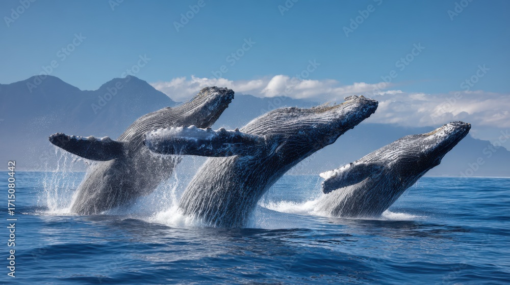 Obraz premium Three humpback whales breach simultaneously, creating splashes as they break the surface of the clear blue ocean. Mountains stand majestically in the background under a sunny sky.
