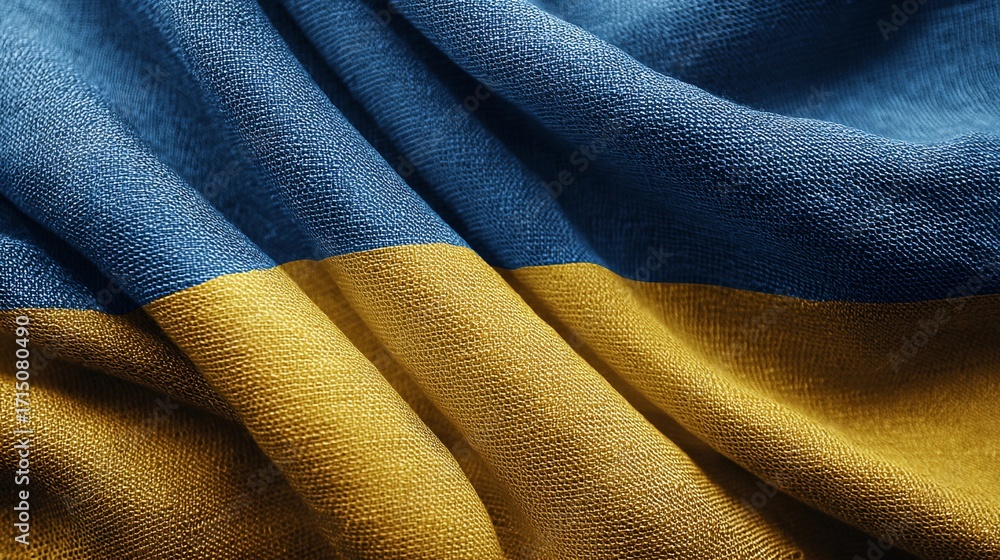 Fototapeta premium Vibrant fabric of the Ukrainian flag gently waving as light reflects off its blue and yellow hues in a soft and textured display