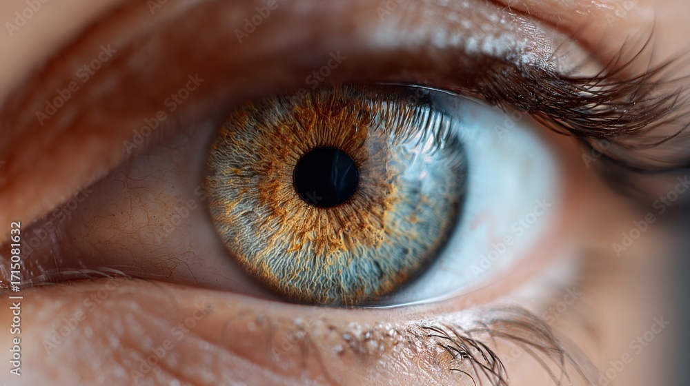 Fototapeta premium A detailed view of a human eye captures the vibrant colors of the iris and the sharp contrast with the pupil. The natural lighting enhances the texture and hues of the eye.