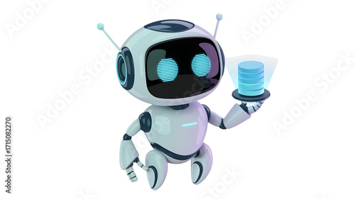 Cute futuristic robot holding glowing data server, AI assistant for cloud technology concept