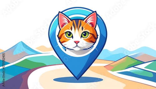 Cartoon cat in a location pin graphic