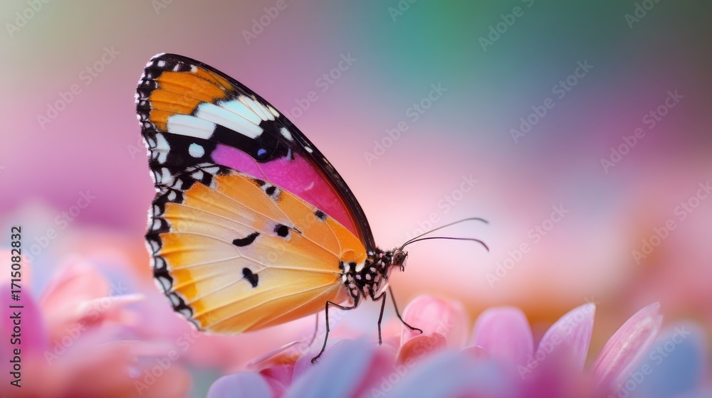 Obraz premium A beautiful butterfly displays its vibrant orange and black wings while resting on bright pink flowers in a blooming garden. The peaceful setting showcases natures colors and life.