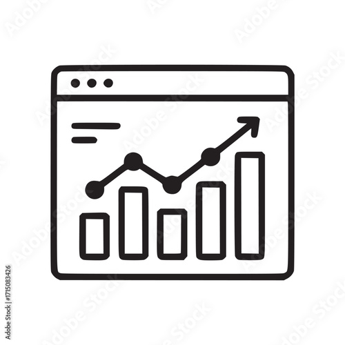 Vector art of growth chart on a browser window shows an upward trend, representing business success, financial progress, and positive market performance in a simple line art style