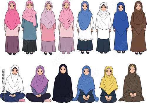 Diverse group of modest fashion women wearing hijabs and long dresses, seated and standing, showcasing cultural clothing styles and variations