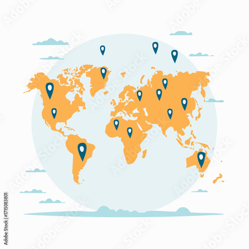 World geography map dotted with destination pins, locations marked globally