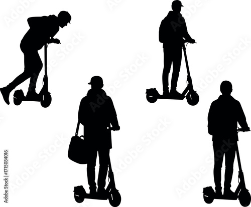 Electric scooter rider silhouettes in urban commute, diverse poses and styles, modern eco transport concept for city mobility illustration design