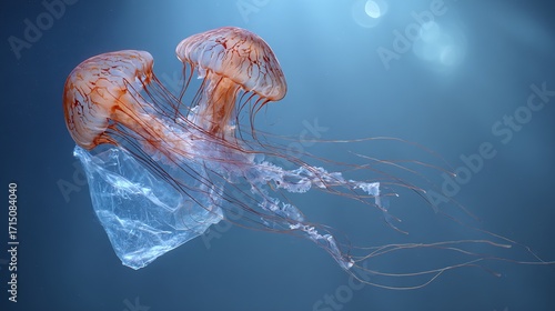 Two jellyfish entangled with plastic bag in ocean depths highlighting environmental pollution crisis