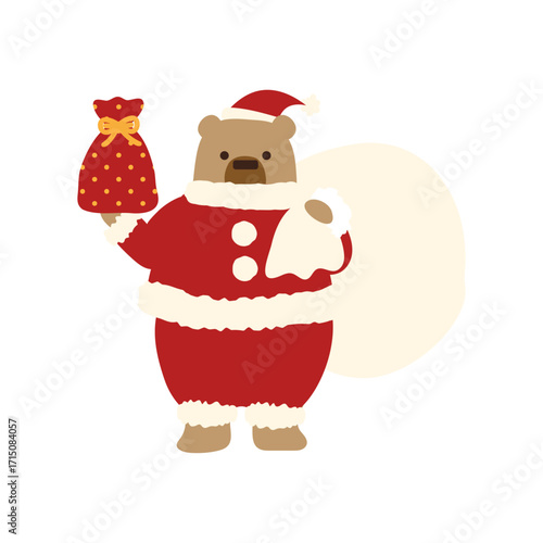 小さなプレゼントの袋と大きな袋を持つクマのサンタクロース/Santa Bear holding a small gift bag and a large sack