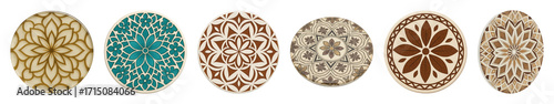 Embossed mandala pattern set including varied floral and geometric motifs isolated. Elegant decorative design elements.