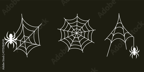 Collection of spider webs with spiders outline lineart flat illustration isolated on white background