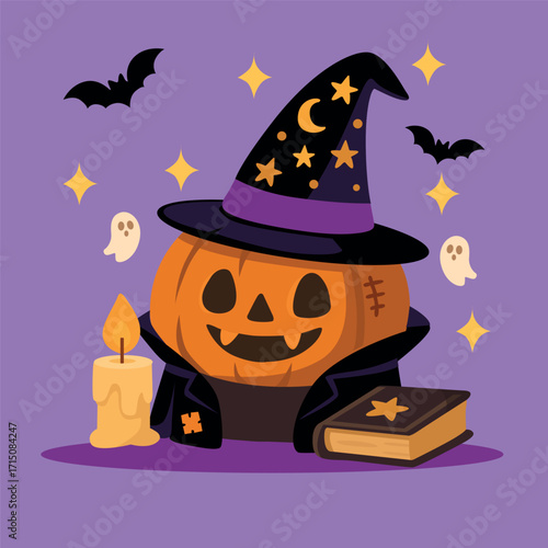 Pumpkin with witch hat glowing candle spellbook bats and ghosts flat illustration isolated on white background