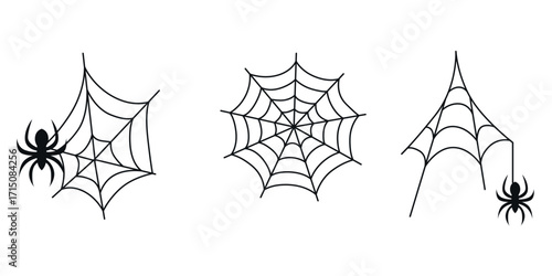 Spider web variations with spiders outline lineart illustration isolated on white background