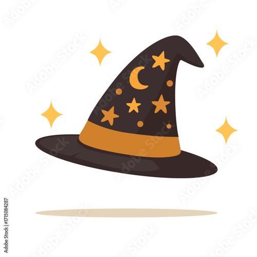 Magic witch hat decorated with stars and moon flat illustration isolated on white background