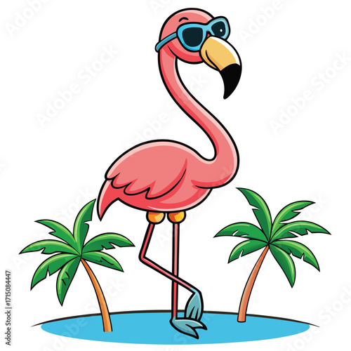 Pink Flamingo with Sunglasses and Palm Trees on White Background bird animal