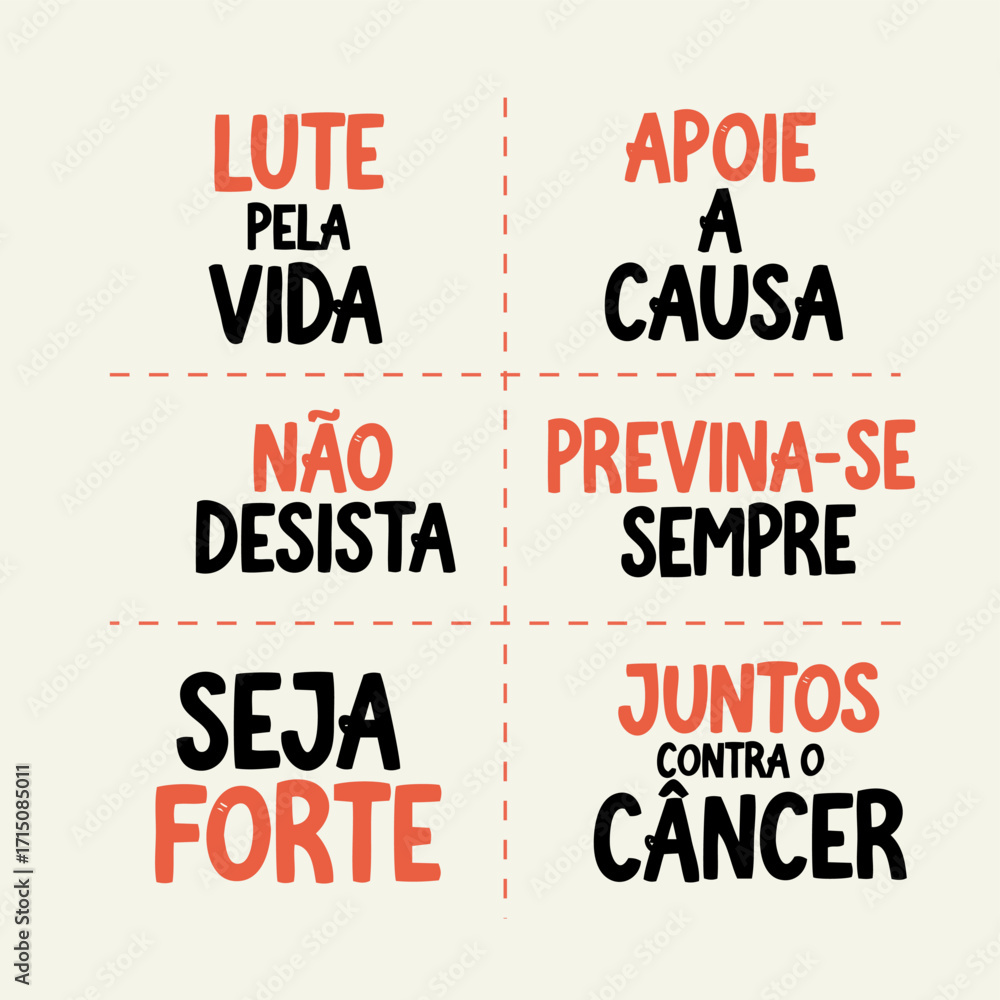 Lettering de Conscientização e Prevenção do Câncer em Vetor. Conjunto de Frases de Apoio e Motivação para a Luta Contra o Câncer