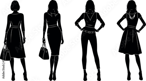 Fashionable women silhouettes in stylish outfits with accessories, confident poses, modern clothing design, vector illustration for fashion and lifestyle themes