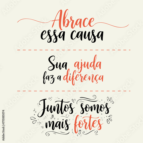 Lettering de Conscientização e Prevenção do Câncer em Vetor. Conjunto de Frases de Apoio e Motivação para a Luta Contra o Câncer