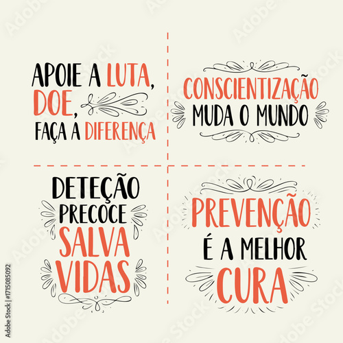Lettering de Conscientização e Prevenção do Câncer em Vetor. Conjunto de Frases de Apoio e Motivação para a Luta Contra o Câncer