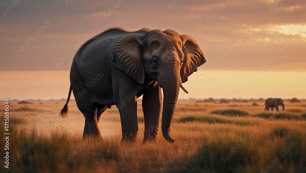Fototapeta premium Majestic elephant stands in golden savanna at sunset, a symbol of wild Africa's enduring beauty and power, evoking awe and wonder