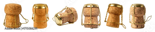 Champagne cork set including natural corks with golden wire muselets in different orientations isolated. Celebration, luxury, and festive beverage packaging elements.