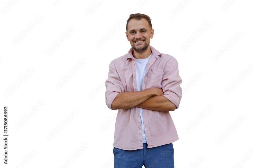 Fototapeta premium Confident young man smiling, standing with arms crossed, expressing positivity, with transparent background