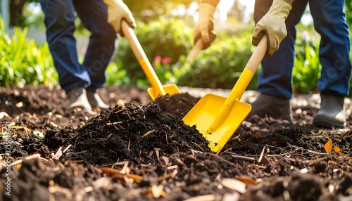 Two people digging in garden soil