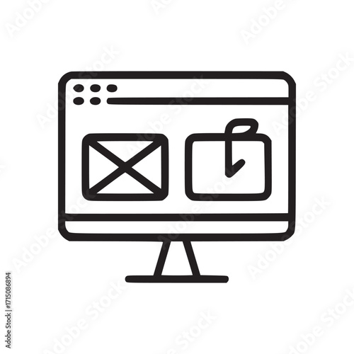 Vector art of computer screen displaying an email and a phishing hook a simple line drawing of a computer monitor showing an email icon and a fishing hook, symbolizing phishing attacks