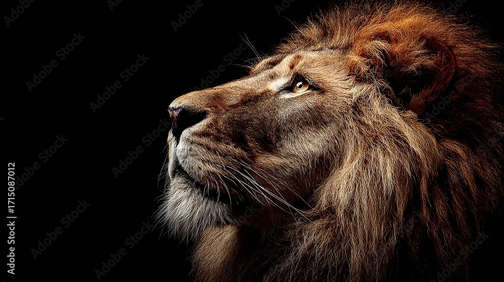 Naklejka premium Majestic lion's powerful gaze pierces darkness, embodying strength and leadership