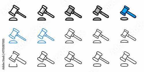 Diverse gavel icons for legal, political, and justice themes in professional designs and presentations