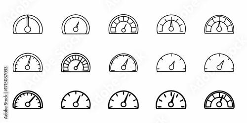 Fifteen black outline gauges, speedometers, or dashboards for measuring progress, performance and more